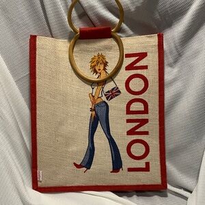 Beige Canvas Tote with Red Trim and London Graphic
